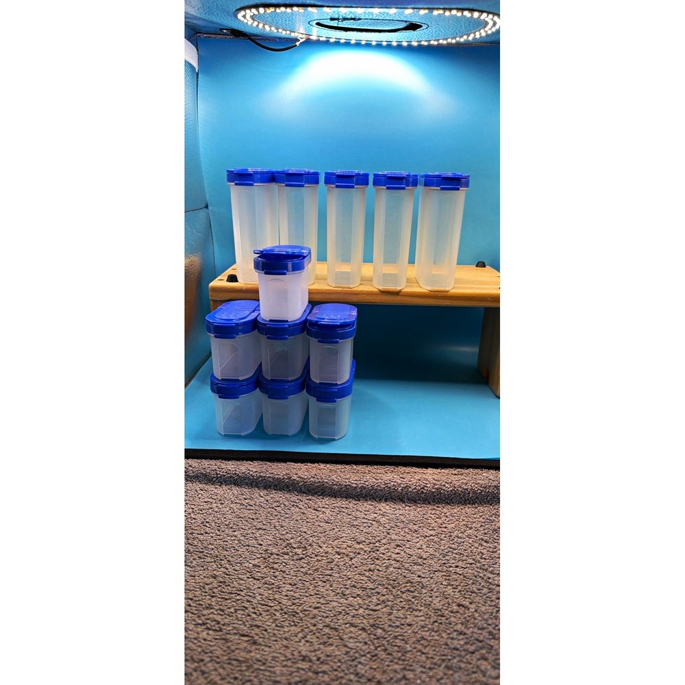 Vintage Tupperware spice shakers Blue/Clear 12 Snap Lid Container Set